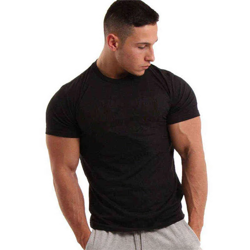 Hommes à manches courtes noir solide coton T-shirt gymnases Fitness musculation entraînement t-shirts mâle été décontracté mince Tee hauts vêtements G1222