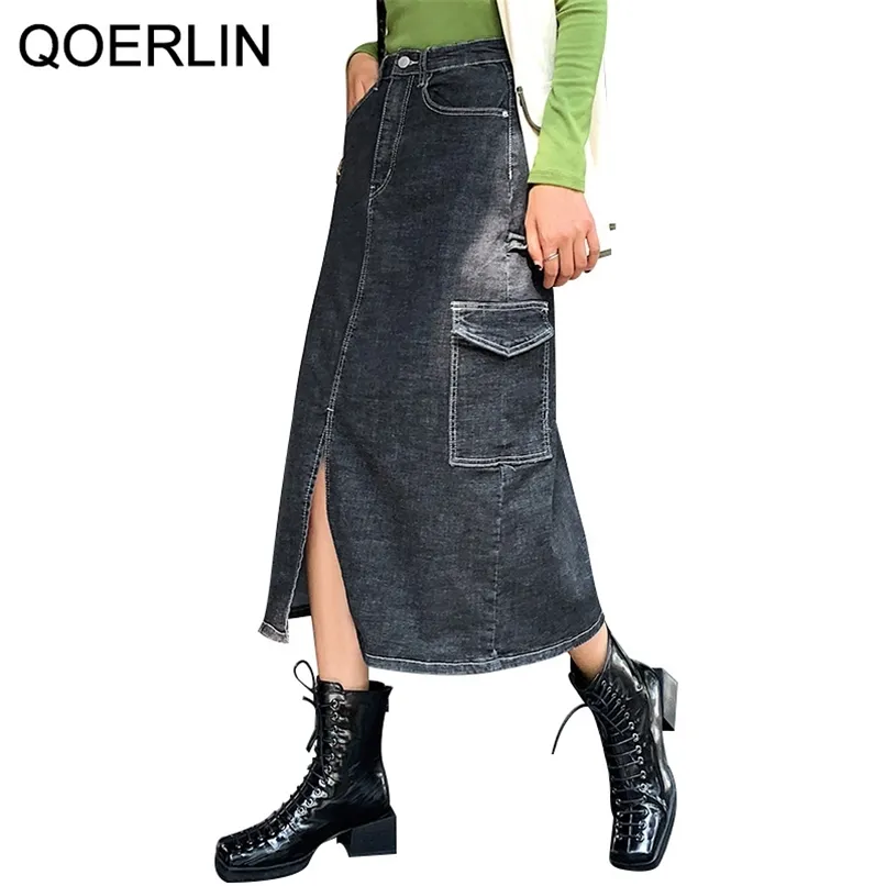 Big Size Denim Skirt Women Side Pocket A-Line High Waist Back Slit Mid Length 3XL Loose Casual Mom Jeans 210601