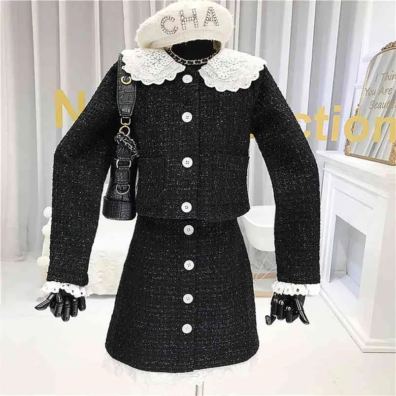 Herbst Winter Koreanische Vintage Woolen 2 Stück Set Frauen Tweed Jacke Mantel + Bodycon Mini Rock Anzüge Elegante Zwei 210514