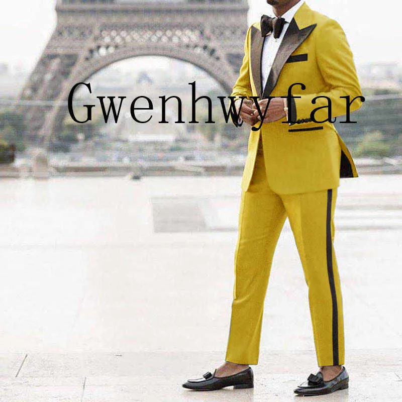 2020 Najnowsze projekty Peaked Lapel One Button Mężczyźni Garnitury Custome Homme Yellow Tuxedos Cool Blazer Men przystojny Slim (kurtka + spodnie) X0909