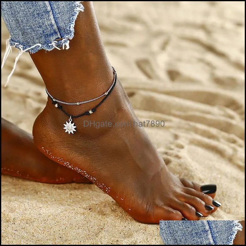 Fashion Bohemia Sun Pendant Beads Anklet Bracelet for Women Double Layer Rope Anklet in the Summer Barefoot Anklet Beach Jewelry Gifts