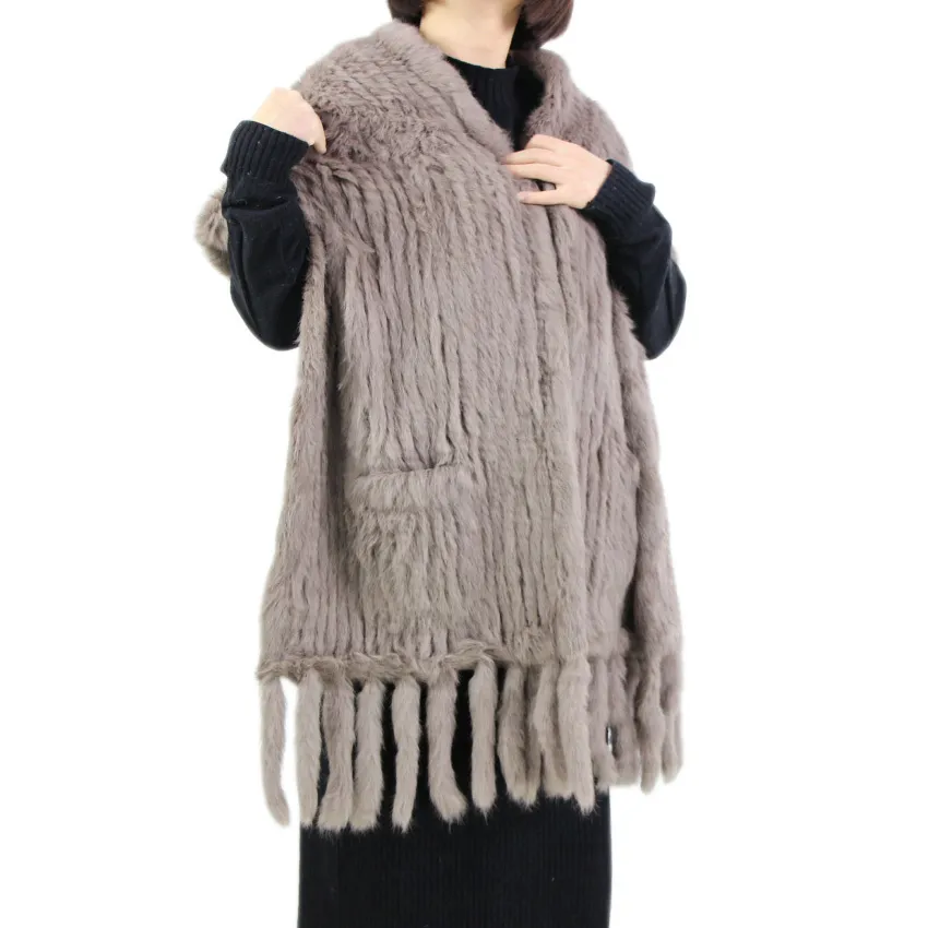 Harppihop*Luxury Women's Genuine Real Knitted rabbit Scarves with Tassels Lady Pashmina Wraps Autumn Winter Women Fur Shawls