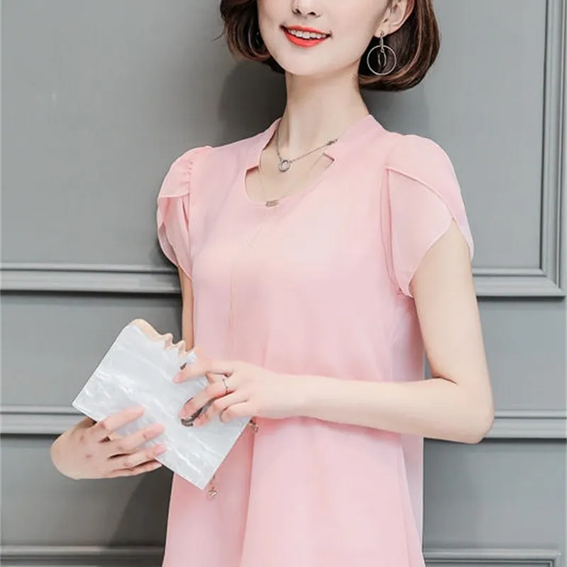 Chiffon Summer blouses shirt Ruffled Short Sleeve V-neck Women Blouses Solid Pink Loose Tops Casual Blusas 971J 210420