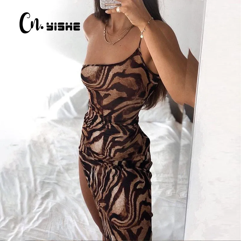 CNYISHE Tiger Print Monospalla Sexy Fessura Maxi Abito Estate Donna Moda Streetwear Abiti Party Club Abiti Abiti femminili 210419