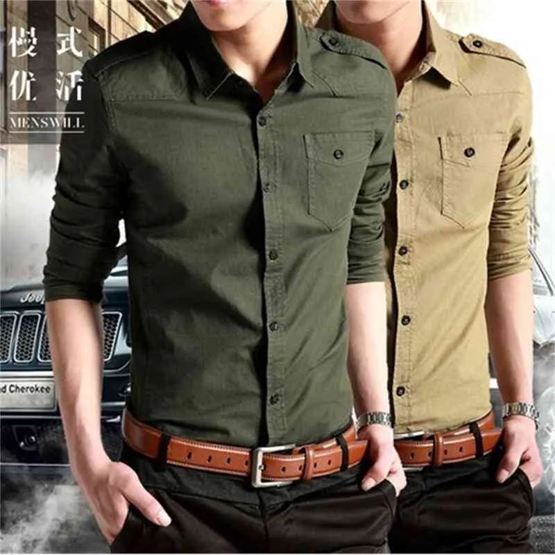 Män Causal Dress Shirt Bomull, Mäns Armé Långärmad Slim Skjortor Militär Khaki Skjortor Grön Fit Militär Stil Male Shirts 210518