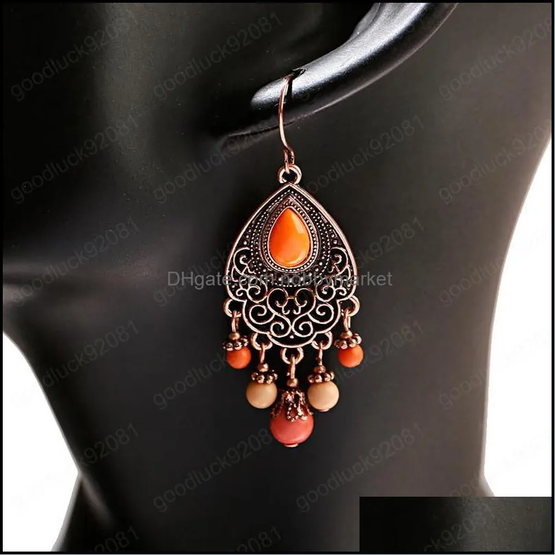 Women`s Bohemian Bronze Dangle Earring Femme Handmade Ethnic Statement Stone Beads Earrings Oorbellen