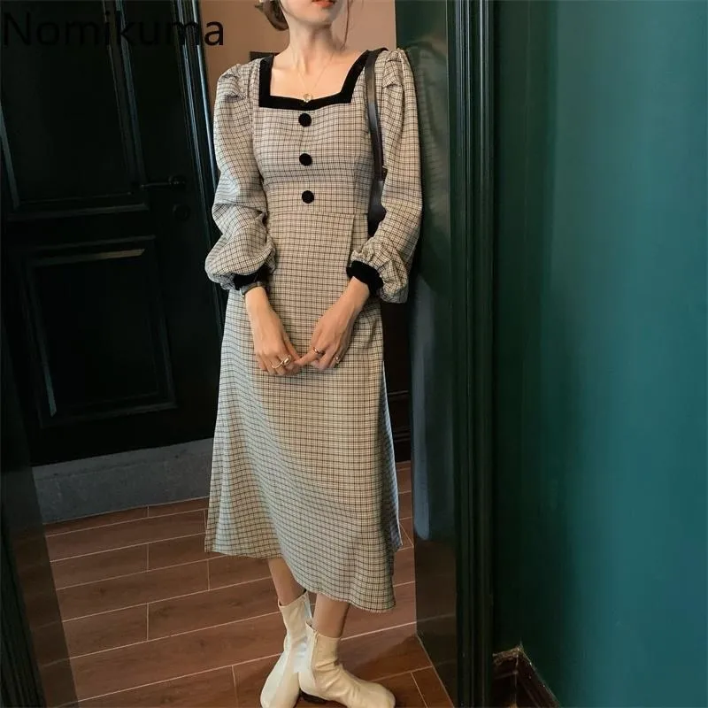 Nomikuma Plaid Dress Femmes Contraste Couleur Patchwork Col Carré À Manches Longues Mi-mollet Robes Femme Élégant Rétro Vestidos 210514