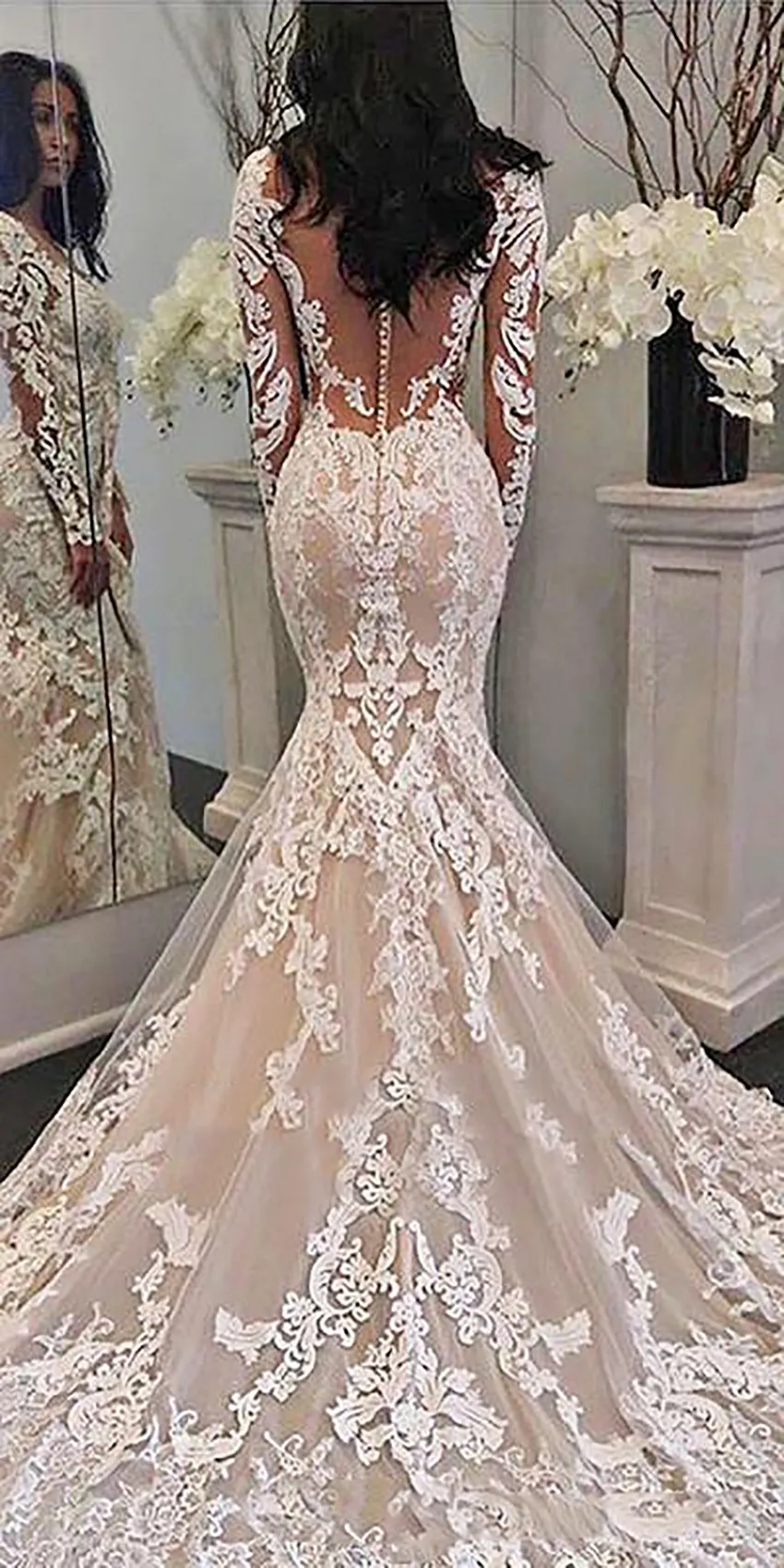illusion long sleeve lace appliqued wedding dress Floral Lace Illusion Sleeve Plunging A-Line Wedding Dress