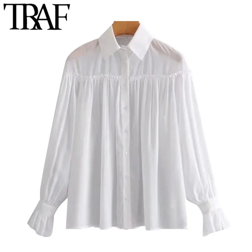Women Fashion Semi-Sheer Loose White Blouses Vintage Long Sleeve Button-up Female Shirts Blusas Chic Tops 210507