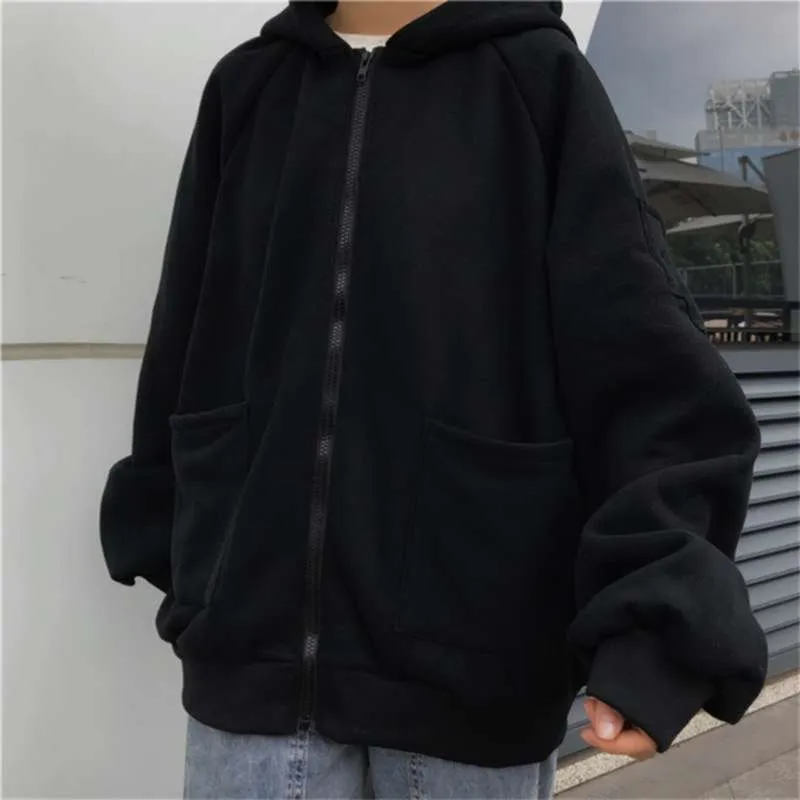 Plus Size Bluzy Kobiety Harajuku Streetwear Kawaii Oversized Zip Up Sweatshirt Odzież Koreański Styl Długi rękaw Topy 210928