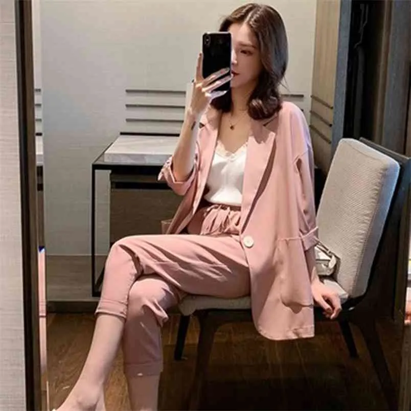 Korea Moda Single Button Pink Blazer Jacket Kobiety Pant Suit High Paist Spring Office Wear Garnitury 2 sztuki Zestaw D536 210512