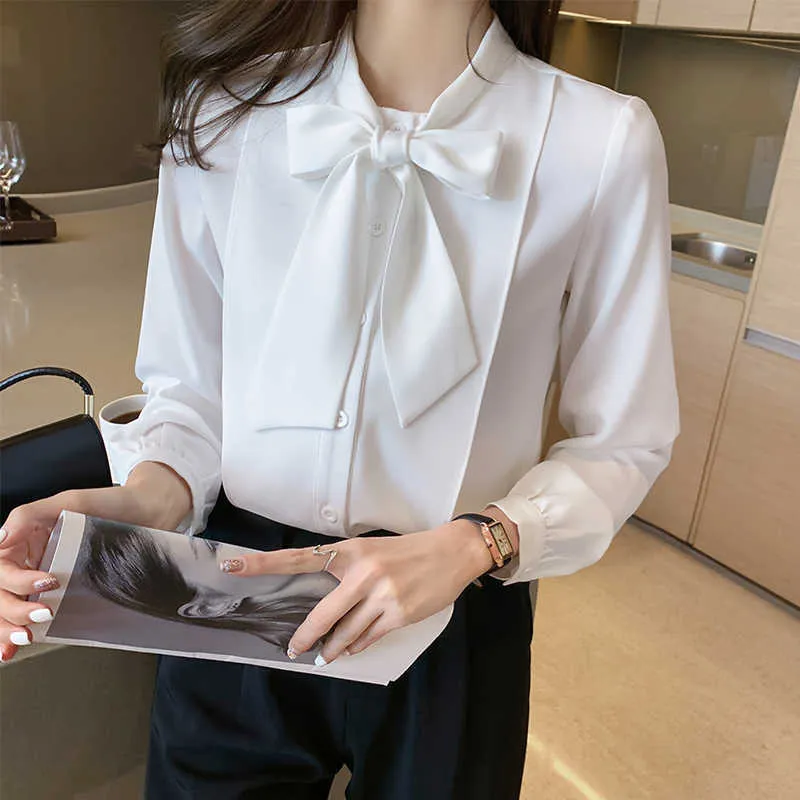 Koreanska kvinnor blus chfon blusar skjortor kvinna långärmad vit slips damer skjorta toppar plus storlek 210604