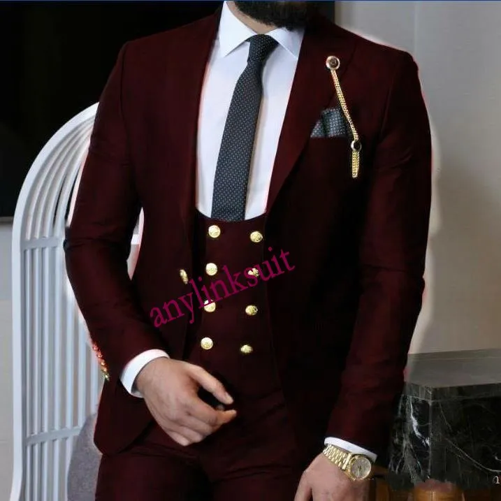 Najnowszy projekt One Button Black / Green / Wine / Blue Groom Tuxedos Peak Lapel Wedding Men pasuje do trzech sztuk Biznes (kurtka + spodnie + kamizelka + krawat) W1315