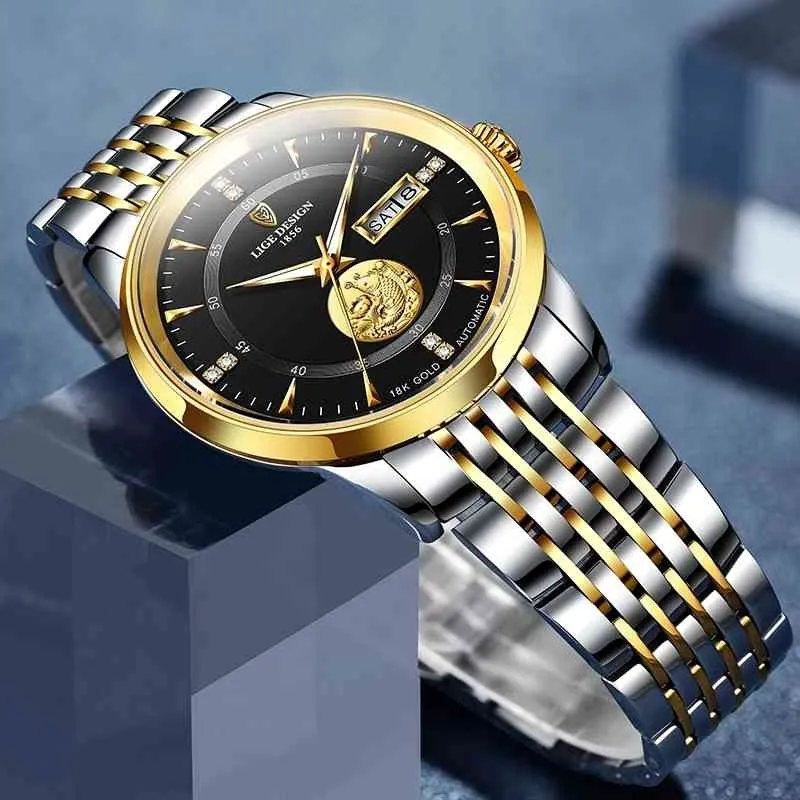 Lige Men Watch top marca luxo ouro negócio relógios mecânicos para homens aço inoxidável 100m impermeável relógio automático 210527