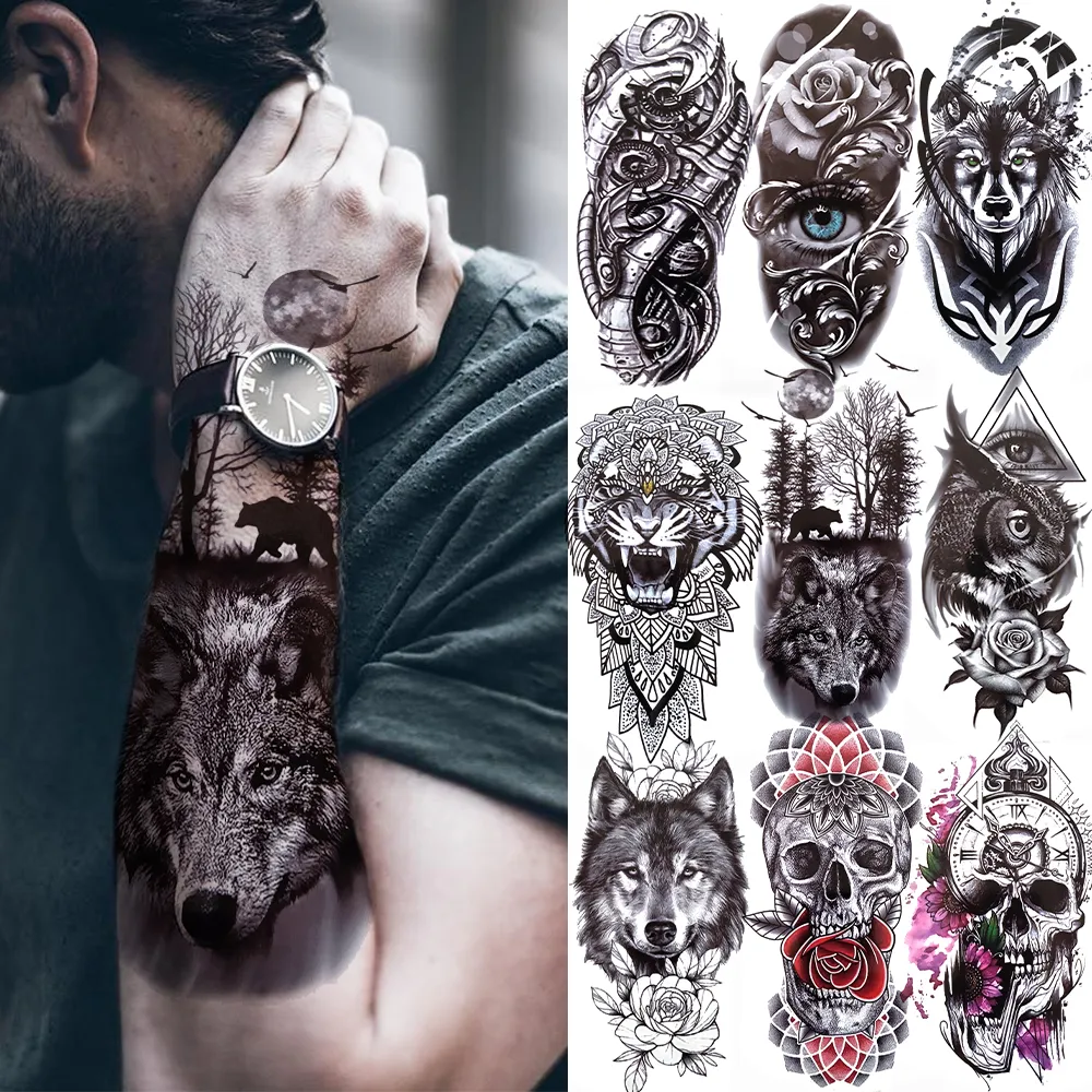 Black Forest Tattoo klistermärke för män Kvinnor Barn Tiger Wolf Death Skull Tillfälligt Tatuering Fake Skelett King Animal Tatoo