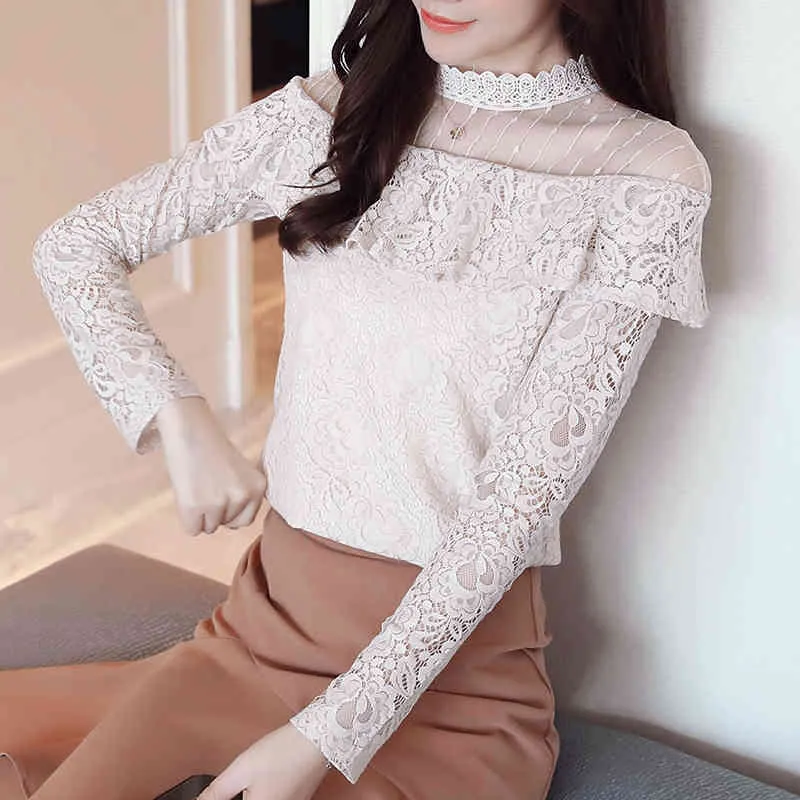 Blusas lace tops Crochet Lace Blouse round neck Hollow out Long sleeve Chiffon Women shirt layered women clothing 93E 210420