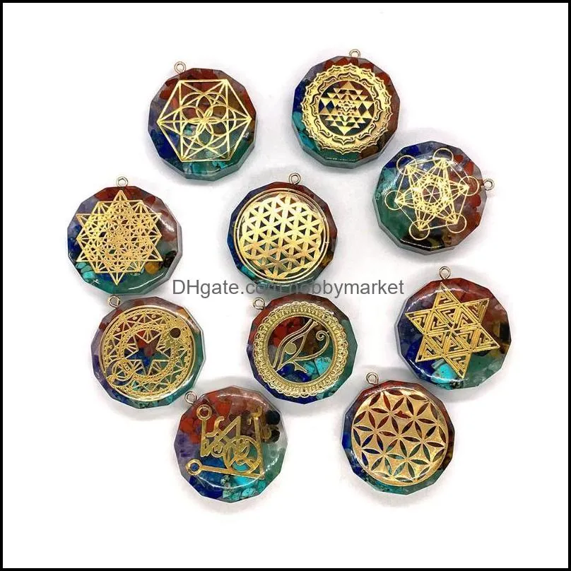 Charms Seven Chakra Natural Stone Pendant Exquisite Jewelry Sacred Geometry Power Amulet Aura 34mm