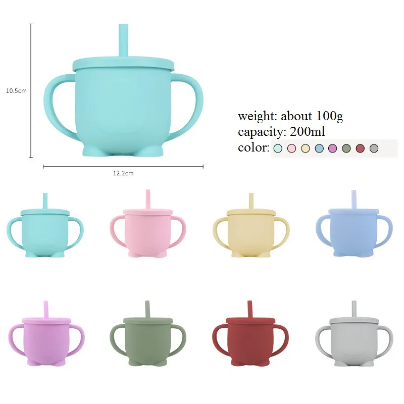 Gobelets à bec en silicone pour bébé sans BPA 200 ml tasse de paille étanche pour les tout-petits enfants pour apprendre l'eau potable