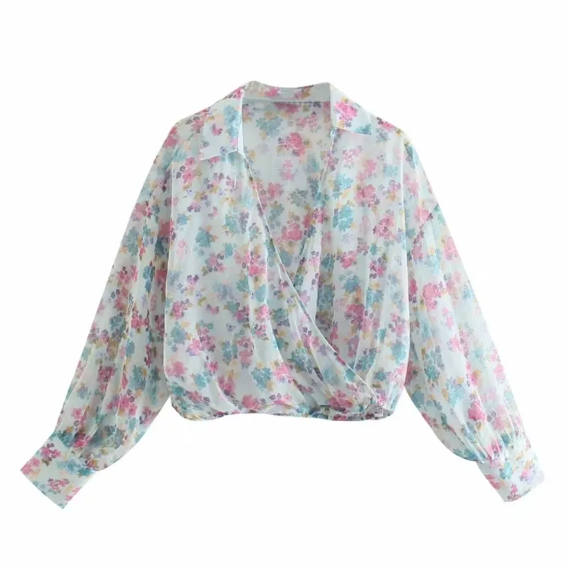 Summer Women Floral Print Cross V Neck Chiffon Short Blouse Female Long Sleeve Shirt Casual Lady Loose Crop Tops Blusas S8956 210430