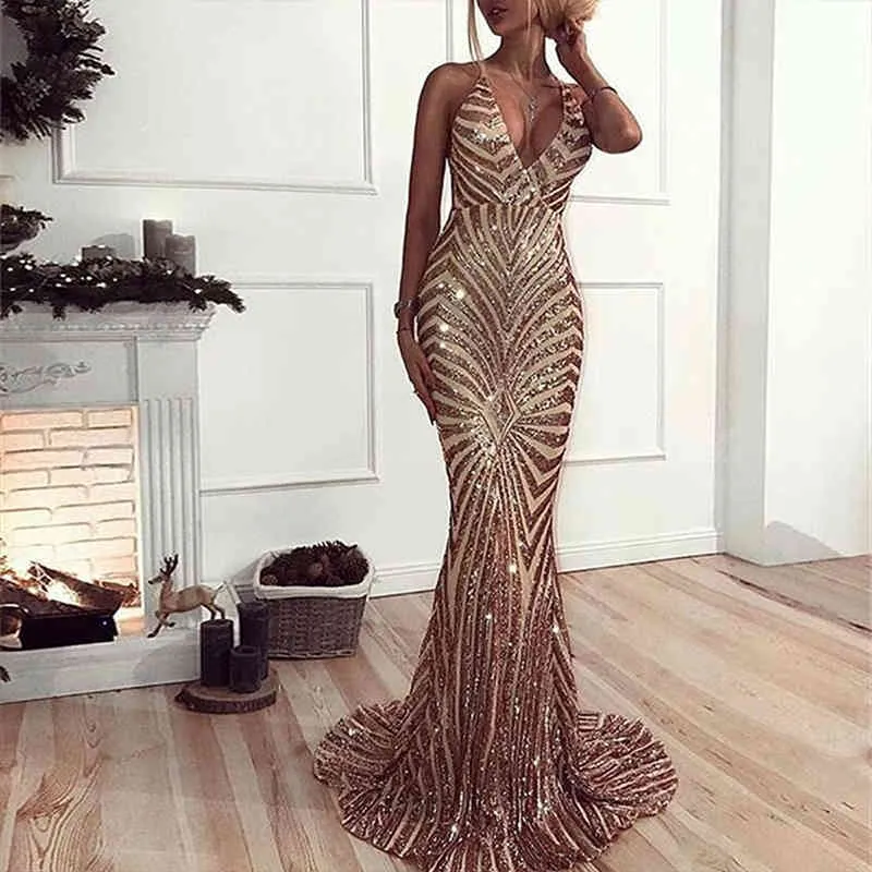 Paris Girl Elegant Deep V Neck Party Dresses Gold Sequined Maxi Dresses Backless Bodycon Evening Club Mermaid Dress X0521