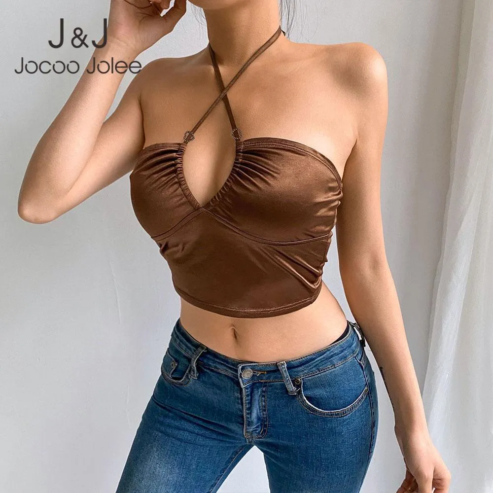 Jocoo Jolee Frauen Sommer Sexy V-ausschnitt Fitness Riemchen Y2K Hohl Halter Crop Top Backless T-shirt Solide Leibchen Party Club 210518