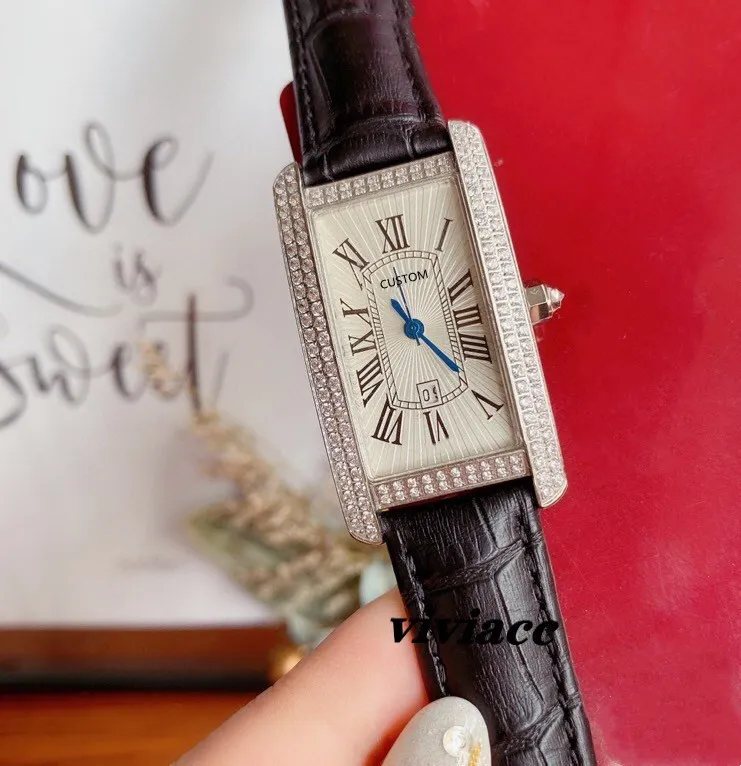 marque de mode plein diamant dame montre Américaine conception mince rectangle montre-bracelet en cuir véritable date calendrier horloge