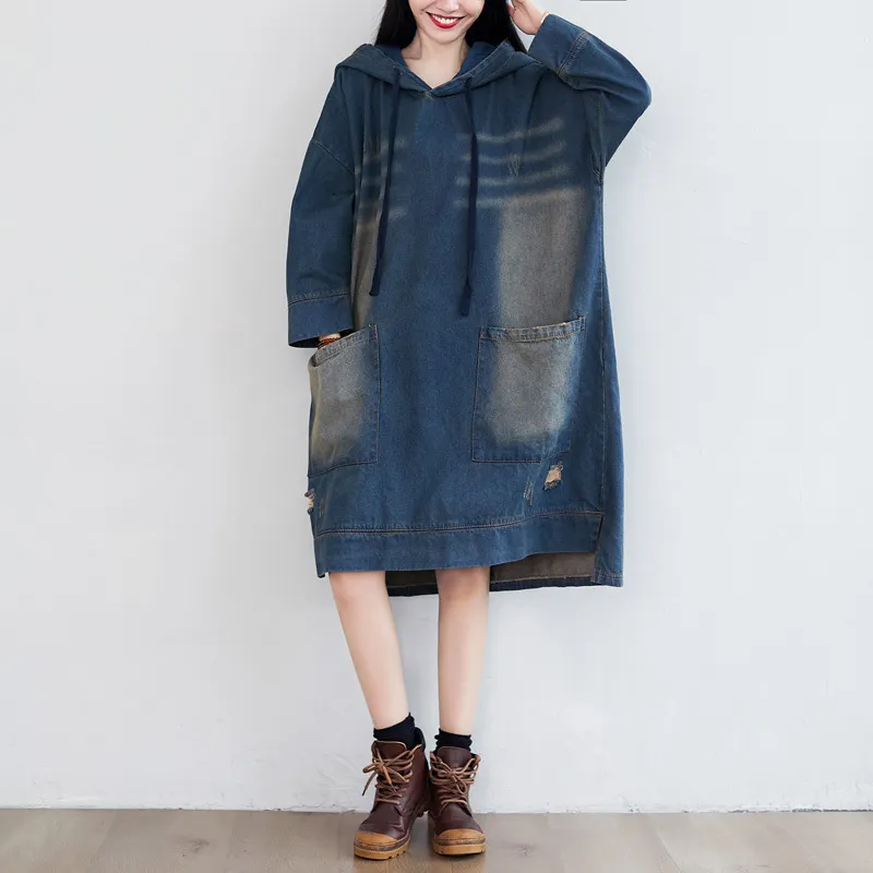 Johnature Women Denim Cotton Dresses Hooded Vintage Loose Robes Pockets Spring Female Clothes Korean Style Dresses 210521