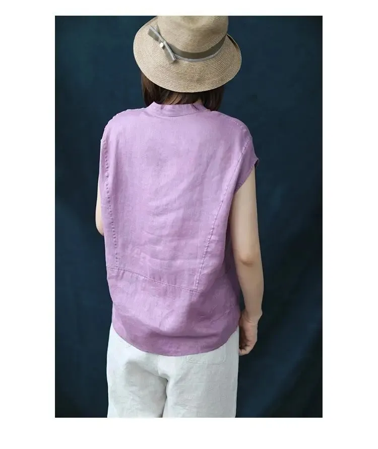Women's Short Sleeve V Neck Blouse Loose Fit Cotton Linen Top For ...