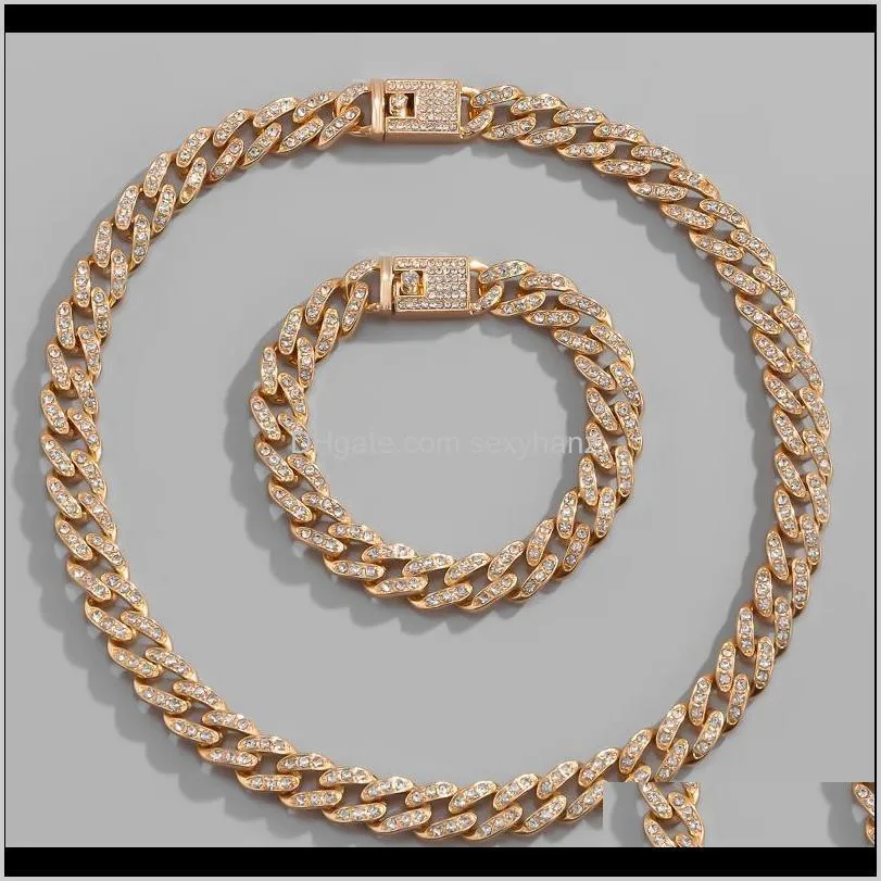 hip hop  curb iced out rhinestones link chain necklace and bracelet jewelry set cuban chain bling rapper necklaces for men