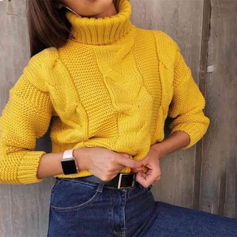 Stickade twist pullovers tröja kvinnor kvinnlig vintage solid turtleneck jumper höst vinter toppar casual cozy 210427