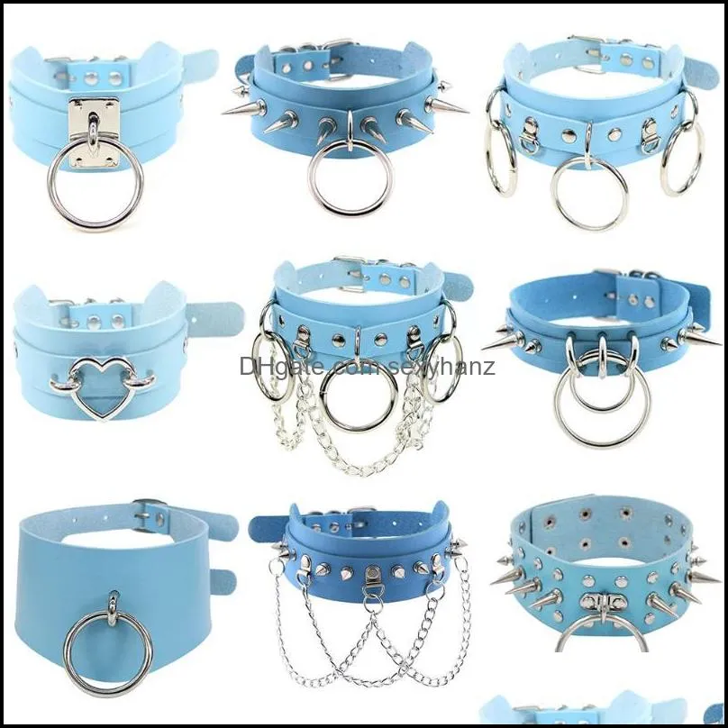 Chokers Blue PU Leather Choker Necklaces Jewelry For Cool Girl Stainless Steel Rivet Collar Party Club Trendy Clothing Accessories