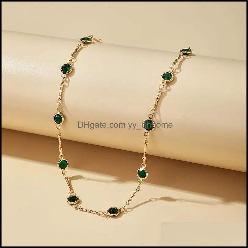 Chains Tocona Tredny Green Rhinestone Chain Choker Necklace For Women Gold Color Alloy Metal Handmade Jewelry Accessories Collar 15633