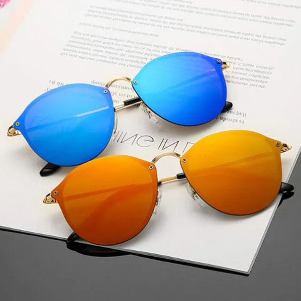 Rimless Round Sunglasses Women Men Mirror Shades Top Quality Gold Frame Black UV400 Sun Glasses g1j with case