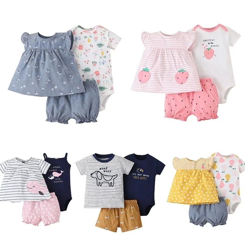 Född baby flicka kläder sommar bomull spädbarn pojke toppar + bodysuit + korta 3pcs kläder sätter 210816