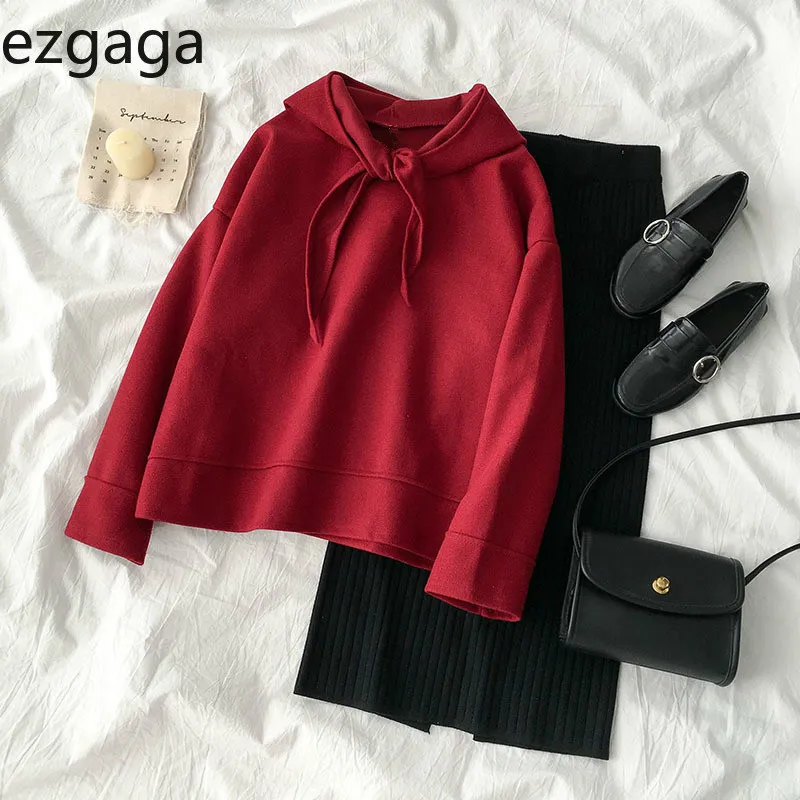 Ezgaga Two Piece Set Women Korean Lace Up Red Hoodies+High Waist Knitted Skirt Black Office Lady Elegant Fashion 2 Piece Outfits 210430