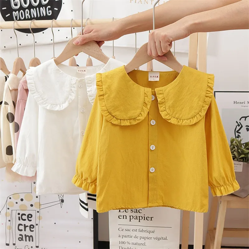 Ruffles Collar baby Girls Camisas Tops Algodão Jacquard Crianças Flare Manga Camisa Primavera Outono Roupas Blusa