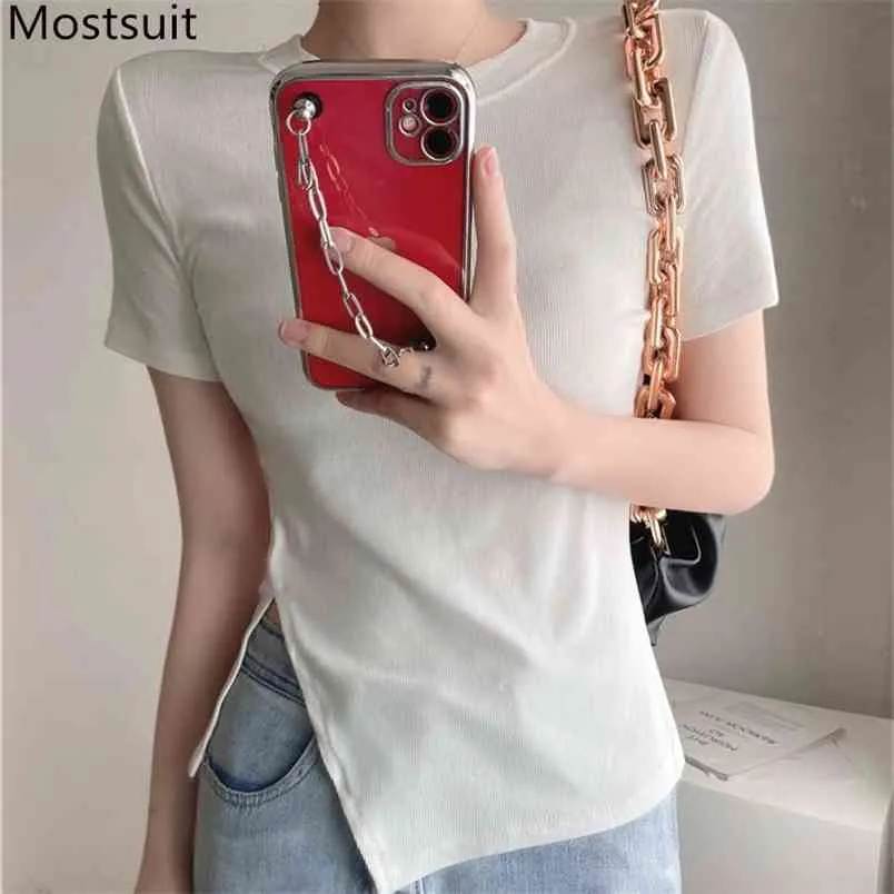 Summer Slim Dzianiny T-shirt Topy Kobiety Krótki Rękaw O-Neck Szpilki Koszulki Koreańskie Vintage Ladies Blutwear Femme 210513