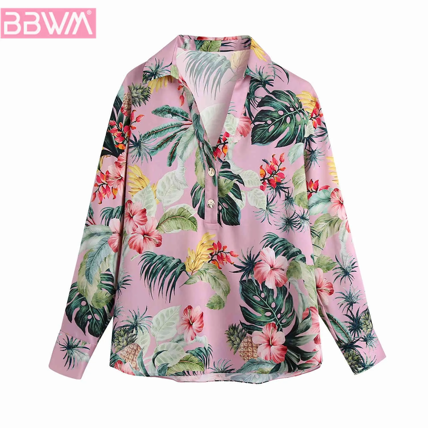 Revers lange mouw tropische regenwoud print trui chique vrouwen shirt casual drape losse westerse stijl vrouwelijke tops 210507