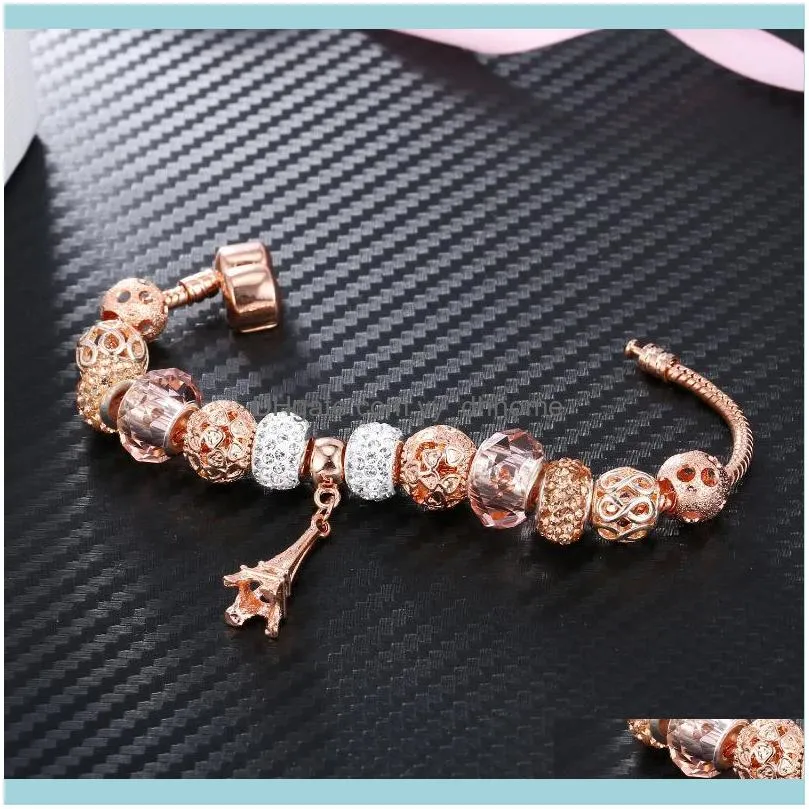 -Style Rose Gold Crystal Glass Beaded Iron Tower Bracelet Cute Robot Love Pendant Ladies Gift Charm Jewelry Making Beaded, Strands