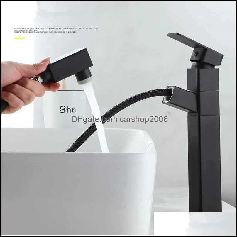 Bathroom Sink Faucets Pull Out Basin Faucet Single Handle Cold Water Tap Deck Mount Chrome Black1