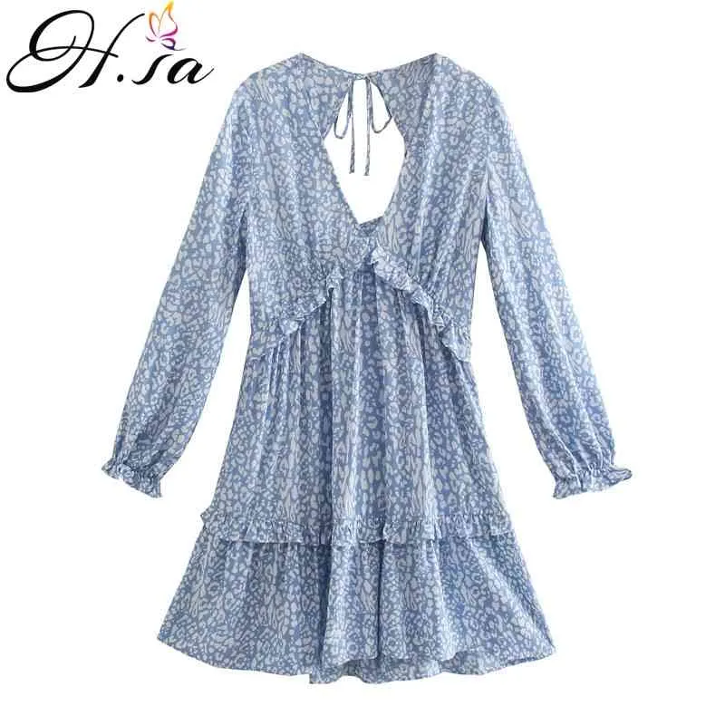 H.SA Robe D'été À Manches Longues Floral Parti Volants Vestidos Dos Nu Évider Bleu Gâteau Mignon Robe Streetwear Coréen 210417