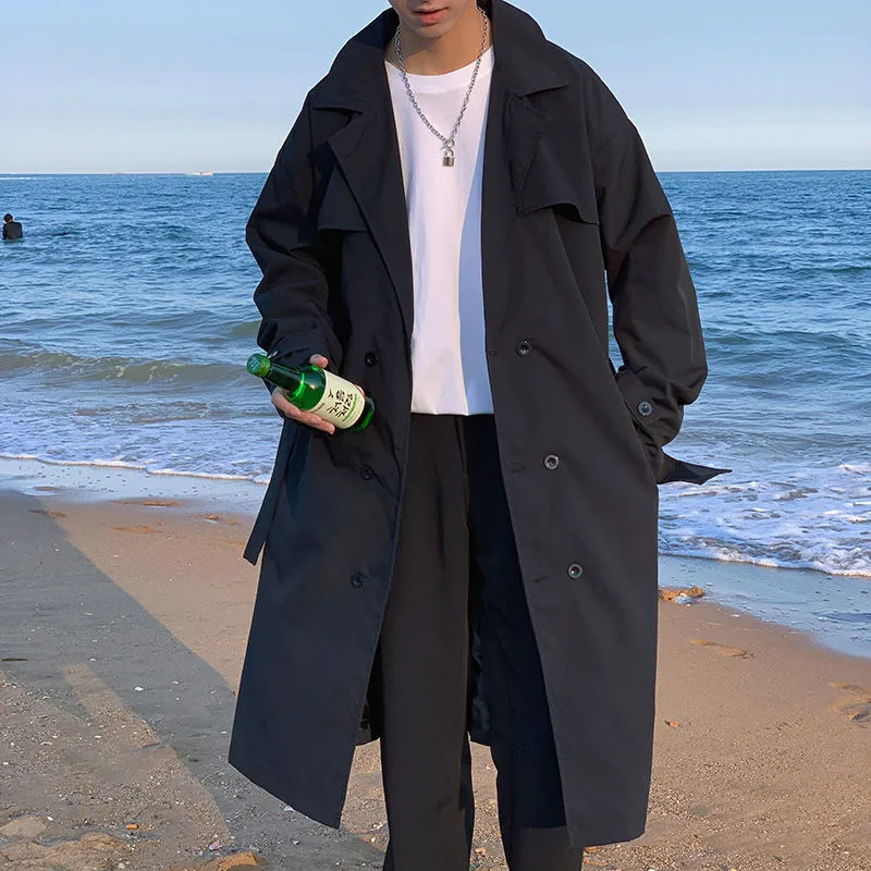 Tendência de moda masculina casual longo trincheira solta casual windbreaker moda jaqueta cor preta único breasted casacos M-2XL 210524