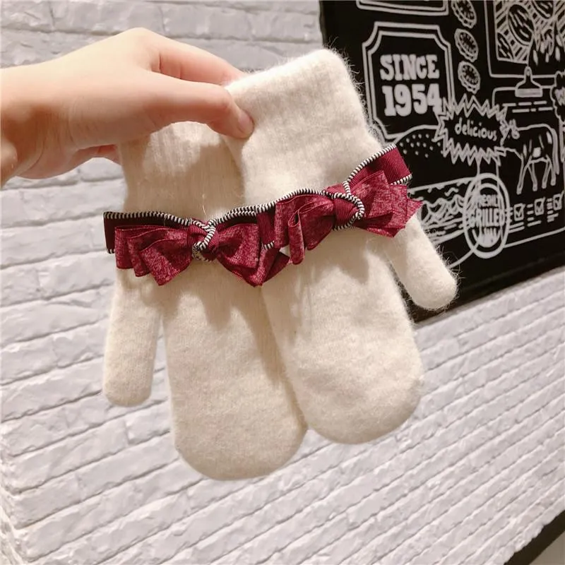 Fingerless Gloves Fashion Women Warm Winter Knitted Full Finger Ribbon Bow Elegant Mittens Girl Female Solid Woolen Lovely Luvas