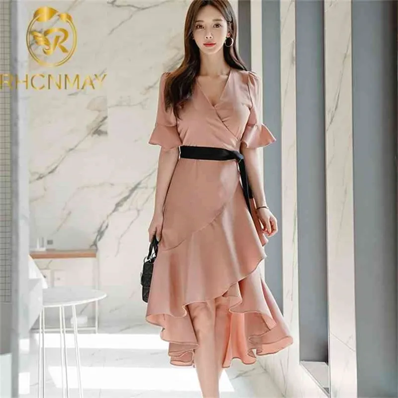 Womens Summer V Neck Flare Sleeve Midi Dress Sexy Vintage Ruffle