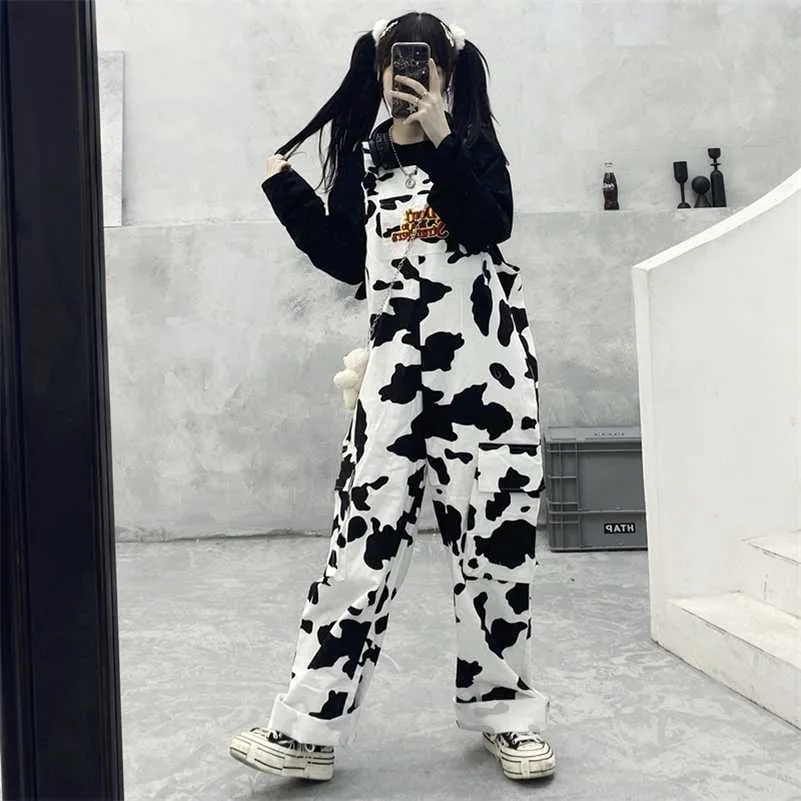Ulica Hip-Hop Harajuku Girl Cow Print Ones Dla Kobiet Czarny White Plaid Kombinezony Casual Kombinezon Spodnie Baggy Spodnie 211202