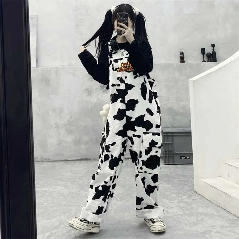 Street Hip-Hop Harajuku Girl Vaca Impressão neies para Mulheres Preto Branco Manta Macacão Casual Jumpsuit Calças Baggy Calças 211202