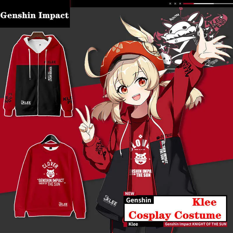 Klee Cosplay Costume Hot Game Genshin Воздействие толстовки с капюшоном аниме спортивная куртка Проект печатные брюки бархатные Лучшие взрослые дети набор Y0903