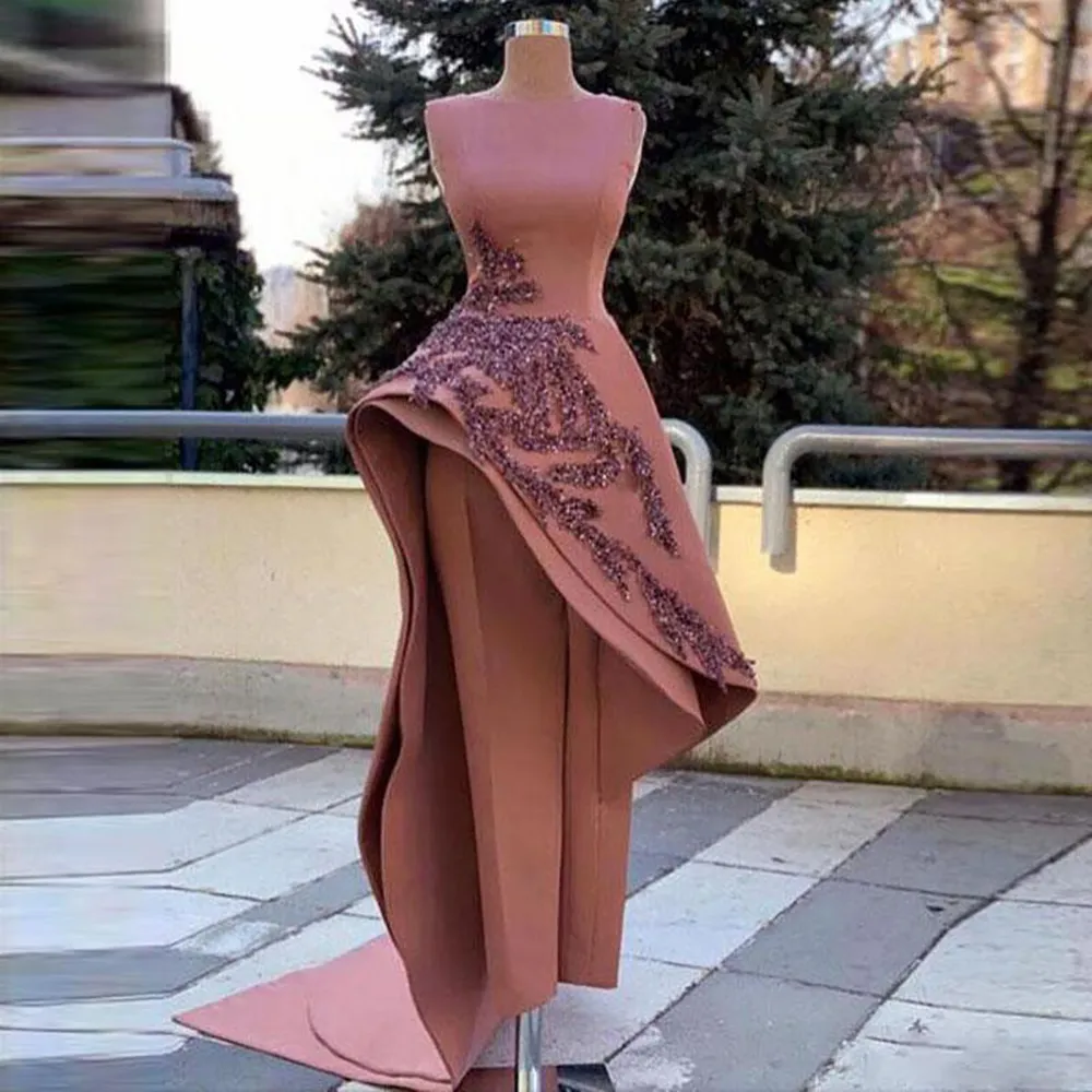 Elegant Dusty Pink Jumpsuit Prom Dresses Overskirt Train 2022 Pant Suit Muslim Arabic Evening Dress With Lace Women Party Gown Robe De Soirée Mariage
