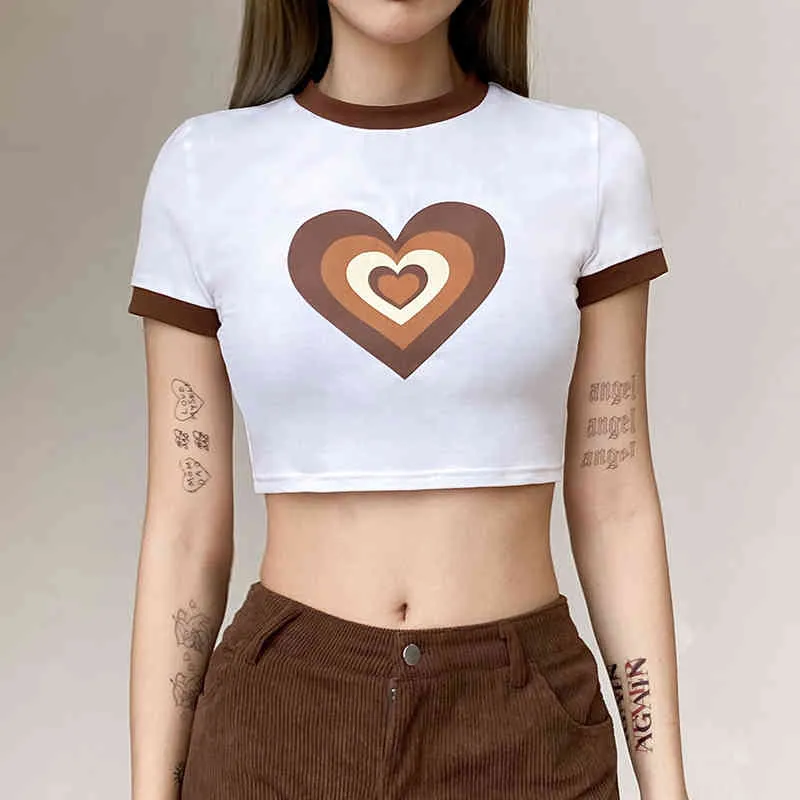 Kawaii Heart Print Y2K T-Shirt With Short Sleeve Female Fashion Women Harajuku Summer Crop Top For Girls White Tees Shirt 210415