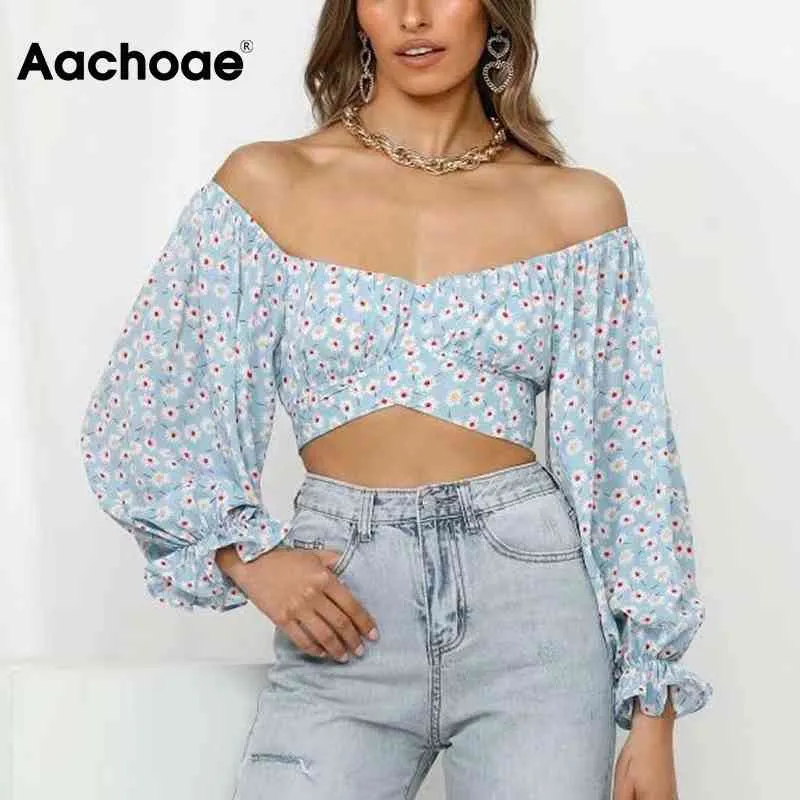Chic Floral Print Cropped Blouse Women Ruffles Long Sleeve Back Bow Tie Shirt Ladies Sexy Off Shoulder Crop Tops Blusas 210413